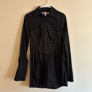 Black Button-Up Shirt Dress w Contrast Topstitching